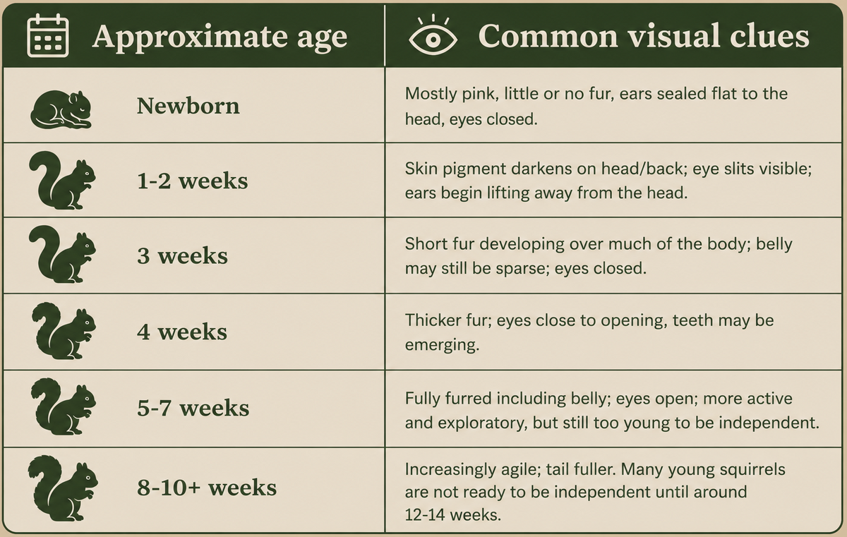 Baby squirrel age and development chart showing visual characteristics from newborn through 8 to 10 weeks and older