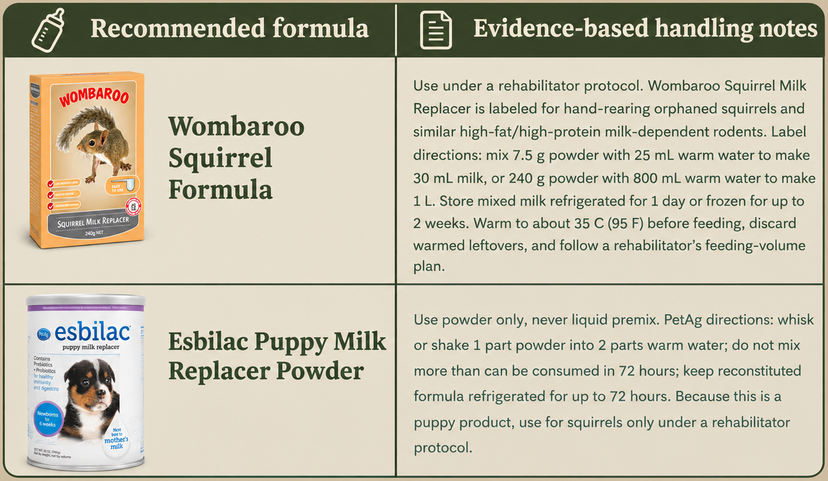 Baby squirrel formula guide showing Wombaroo Squirrel Milk Replacer and Esbilac Puppy Milk Replacer Powder