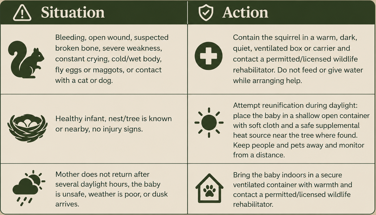 Baby squirrel decision guide showing when to reunite with the mother, provide temporary care, or contact a wildlife rehabilitator.