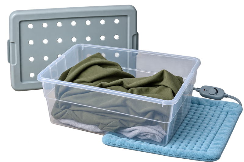 Safe setup for keeping a baby squirrel warm in a ventilated container during temporary stabilization.